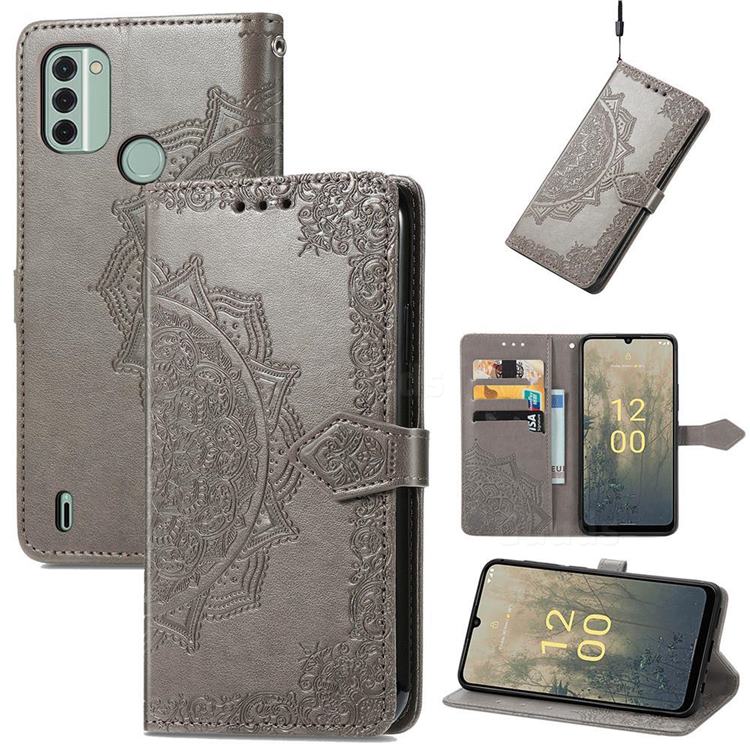 Embossing Imprint Mandala Flower Leather Wallet Case for Nokia C31 - Gray