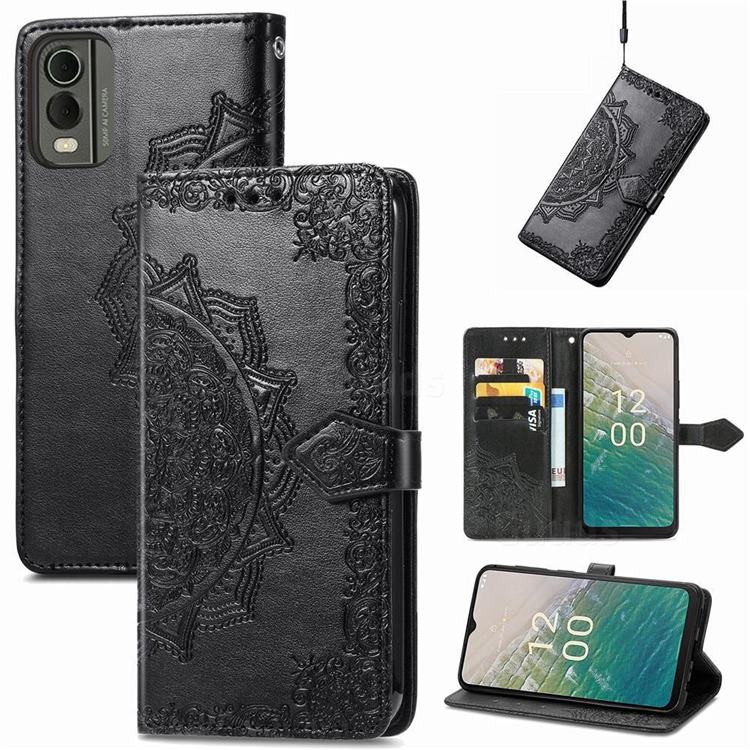 Embossing Imprint Mandala Flower Leather Wallet Case for Nokia C32 - Black