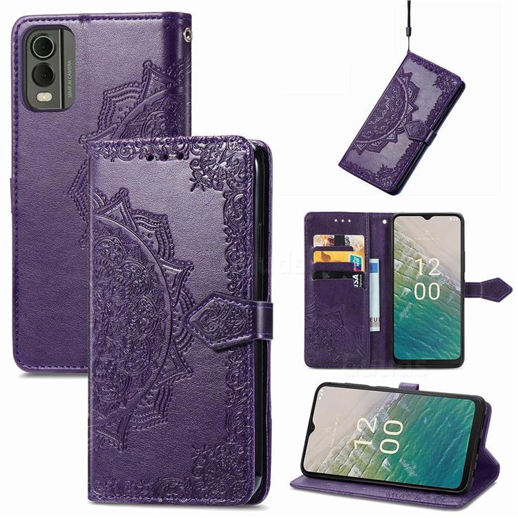Embossing Imprint Mandala Flower Leather Wallet Case for Nokia C32 - Purple