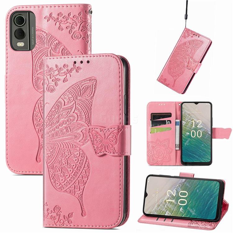 Embossing Mandala Flower Butterfly Leather Wallet Case for Nokia C32 - Pink
