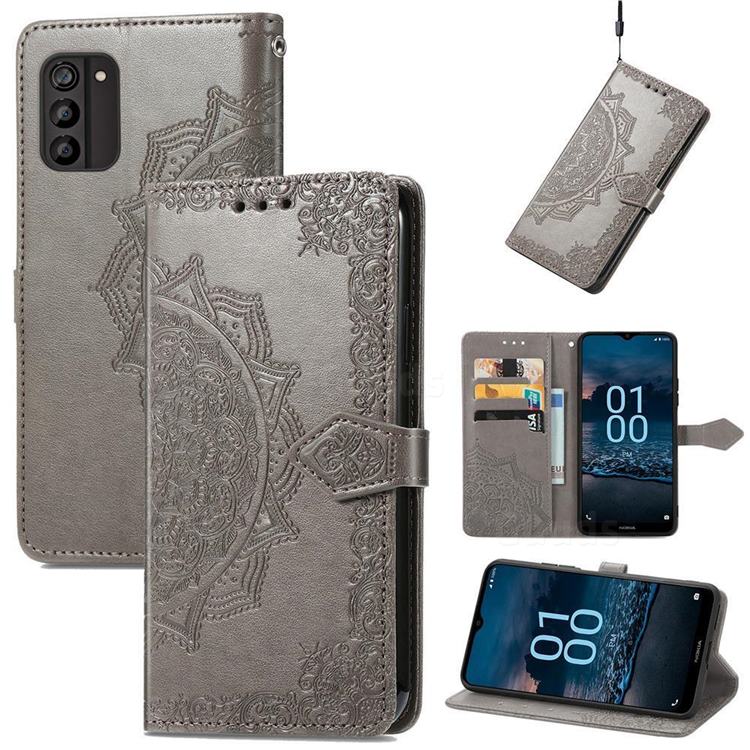 Embossing Imprint Mandala Flower Leather Wallet Case for Nokia G100 - Gray