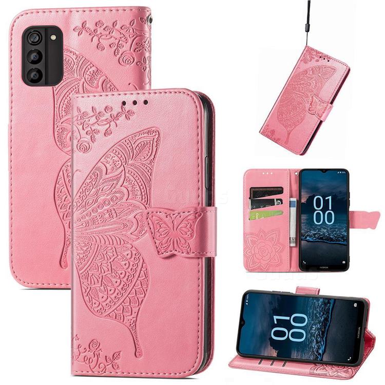 Embossing Mandala Flower Butterfly Leather Wallet Case for Nokia G100 - Pink
