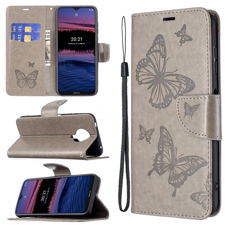Embossing Double Butterfly Leather Wallet Case for Nokia G20 - Gray