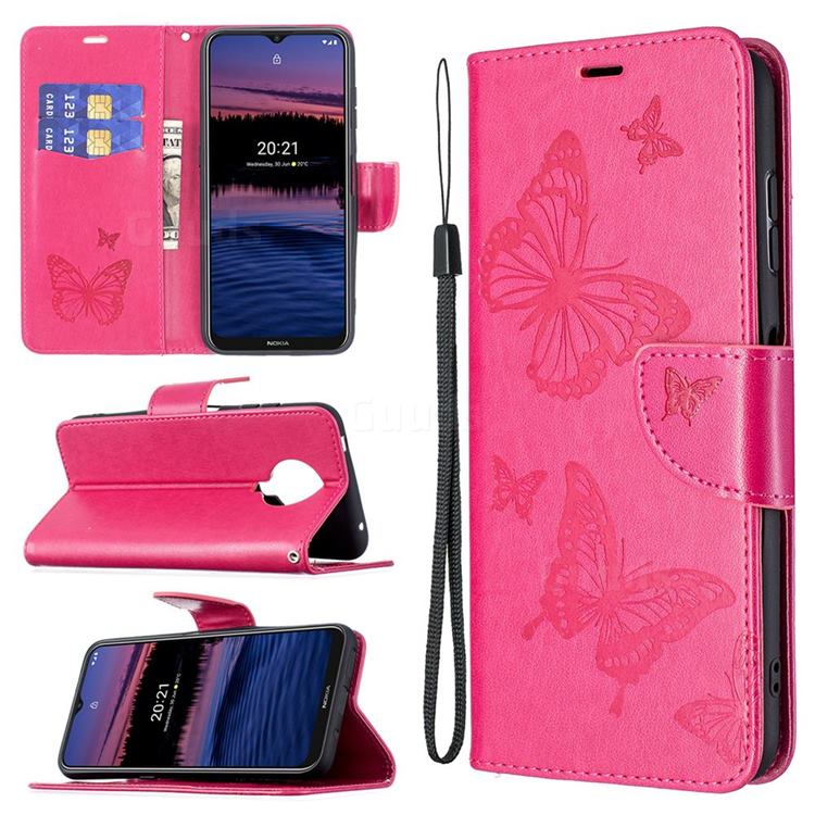 Embossing Double Butterfly Leather Wallet Case for Nokia G20 - Red