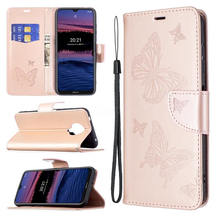Embossing Double Butterfly Leather Wallet Case for Nokia G20 - Rose Gold
