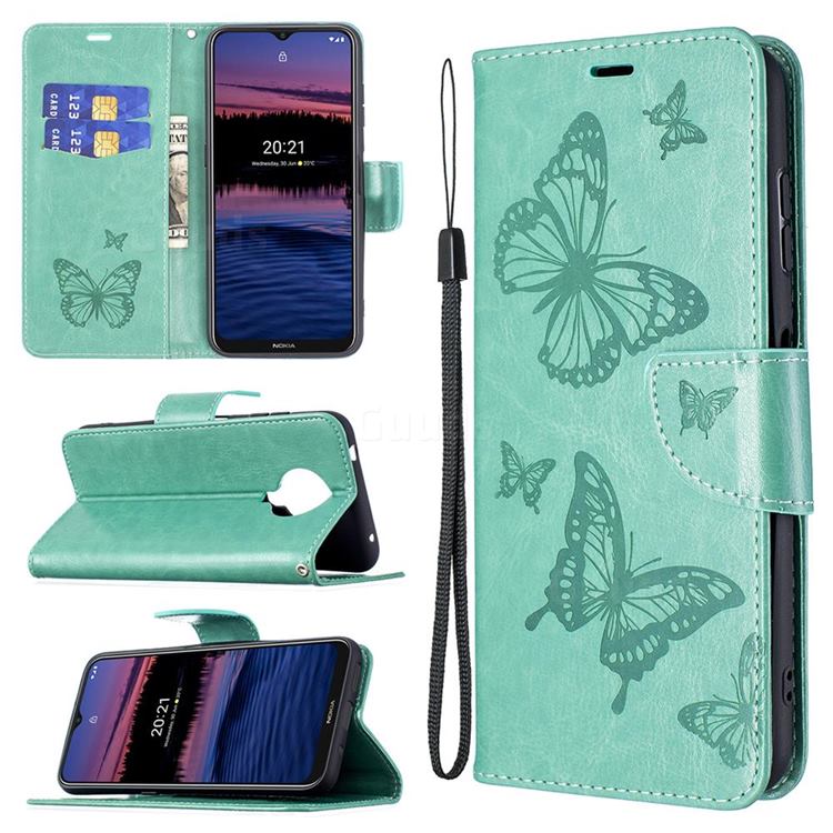 Embossing Double Butterfly Leather Wallet Case for Nokia G20 - Green