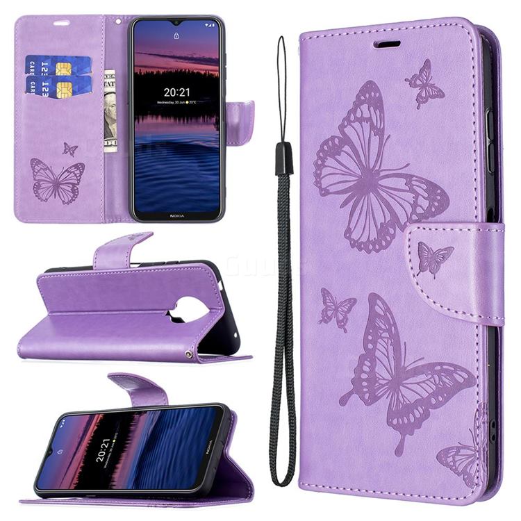 Embossing Double Butterfly Leather Wallet Case for Nokia G20 - Purple