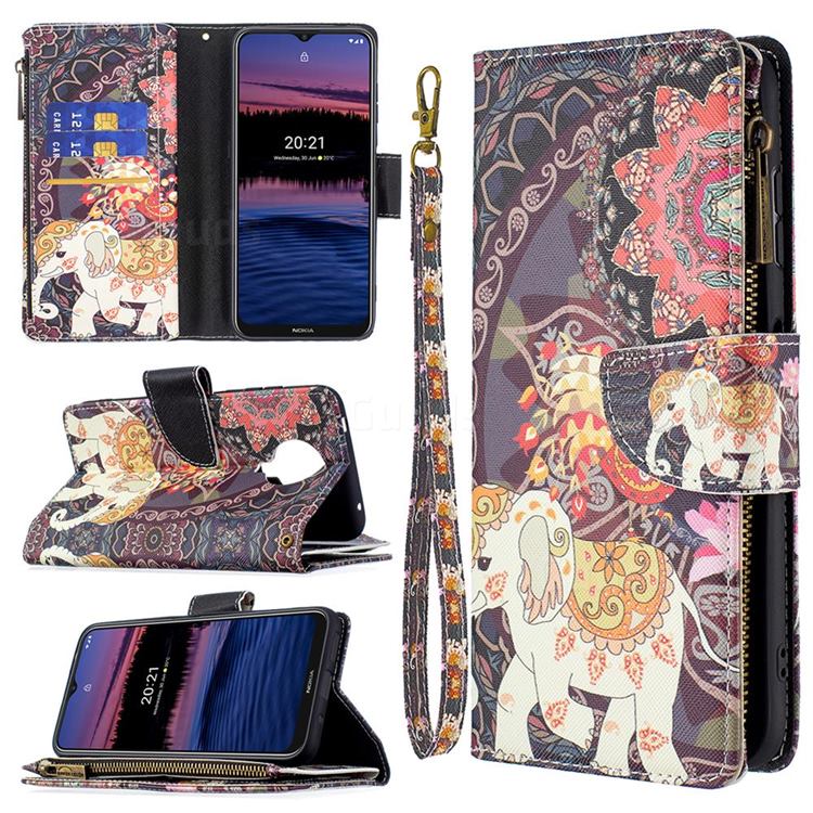 Totem Flower Elephant Binfen Color BF03 Retro Zipper Leather Wallet Phone Case for Nokia G20