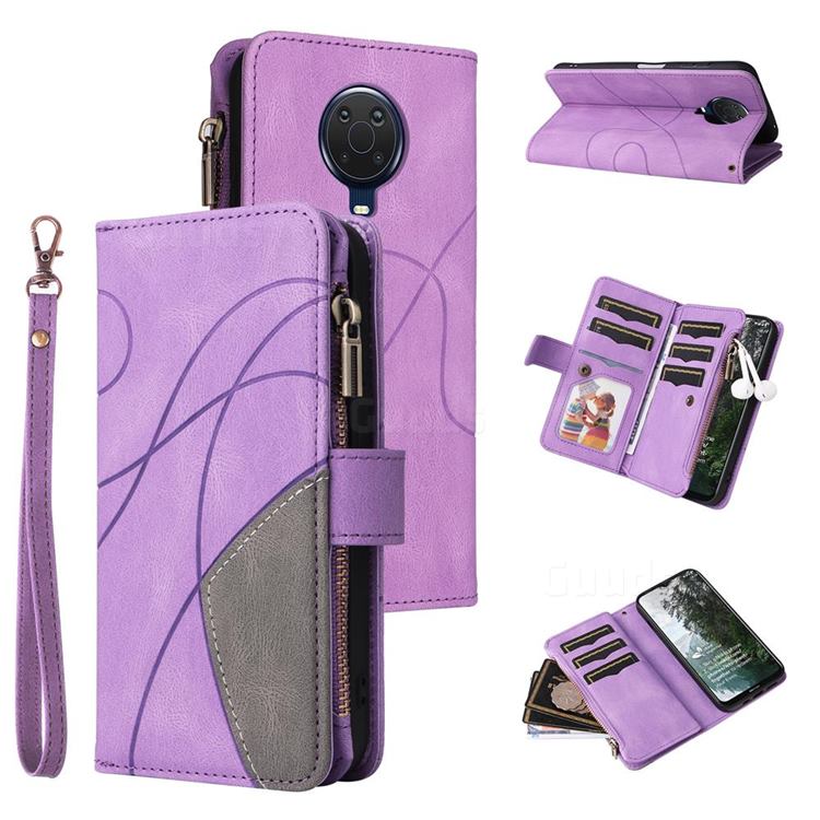 Luxury Two-color Stitching Multi-function Zipper Leather Wallet Case Cover for Nokia G20 - Purple