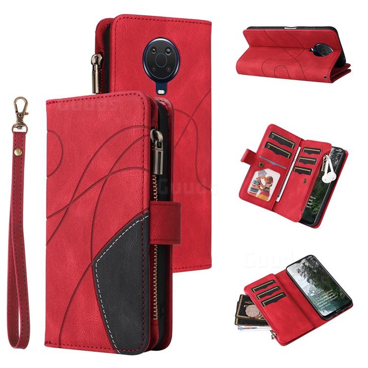 Luxury Two-color Stitching Multi-function Zipper Leather Wallet Case Cover for Nokia G20 - Red