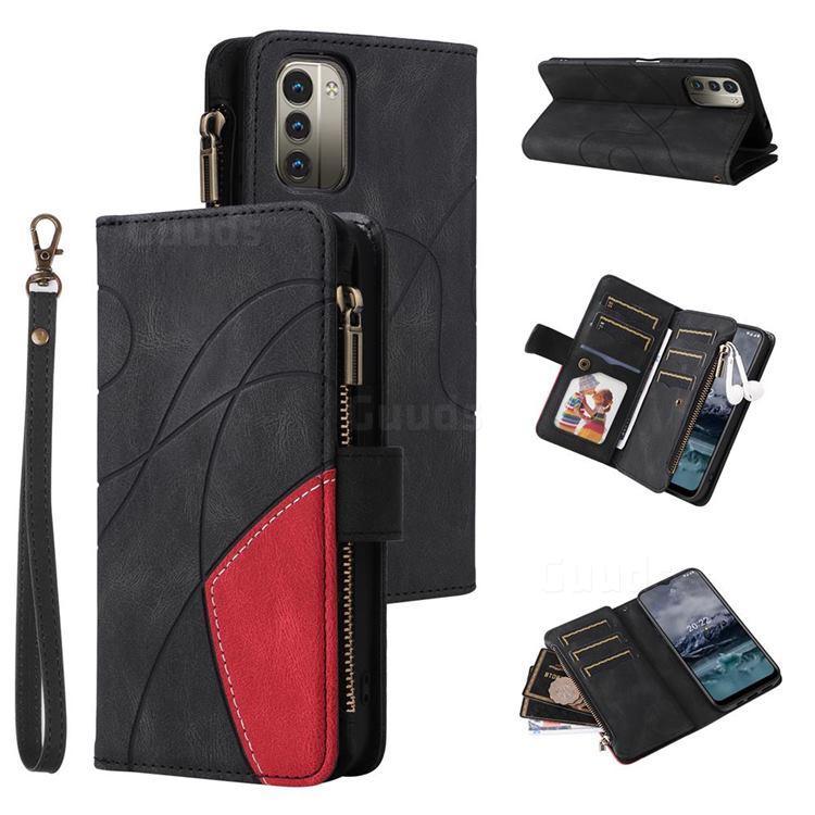 Luxury Two-color Stitching Multi-function Zipper Leather Wallet Case Cover for Nokia G21 - Black