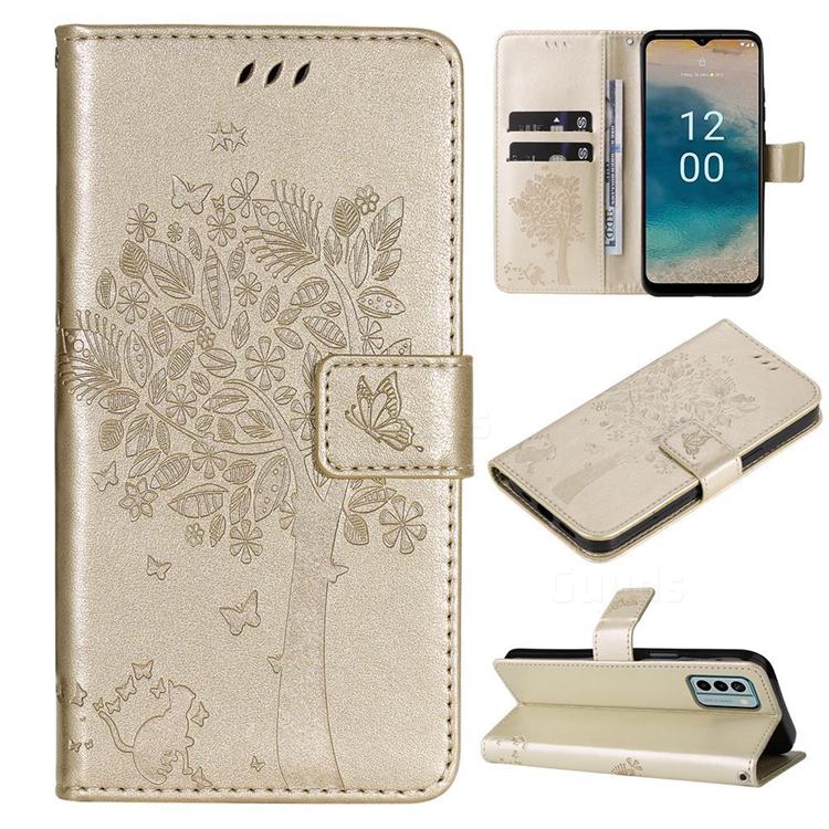 Embossing Butterfly Tree Leather Wallet Case for Nokia G22 - Champagne