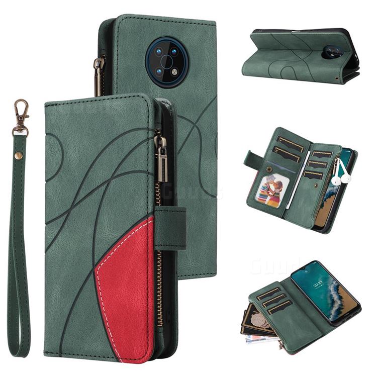 Luxury Two-color Stitching Multi-function Zipper Leather Wallet Case Cover for Nokia G50 - Green