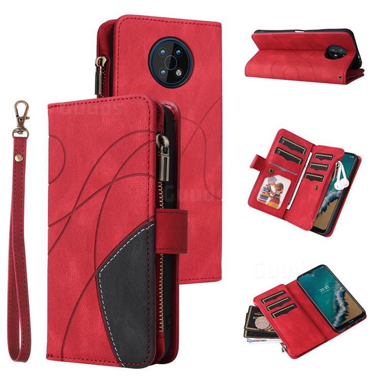 Luxury Two-color Stitching Multi-function Zipper Leather Wallet Case Cover for Nokia G50 - Red
