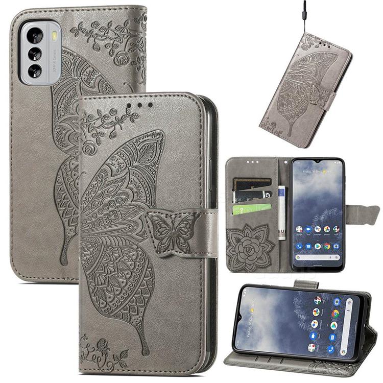 Embossing Mandala Flower Butterfly Leather Wallet Case for Nokia G60 - Gray