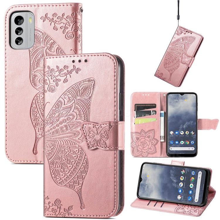 Embossing Mandala Flower Butterfly Leather Wallet Case for Nokia G60 - Rose Gold