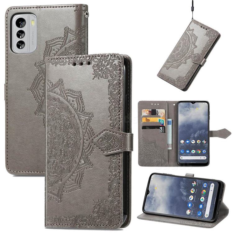 Embossing Imprint Mandala Flower Leather Wallet Case for Nokia G60 - Gray