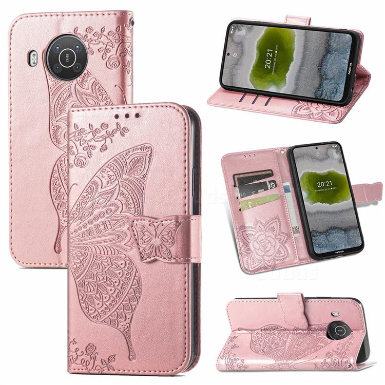 Embossing Mandala Flower Butterfly Leather Wallet Case for Nokia X10 - Rose Gold