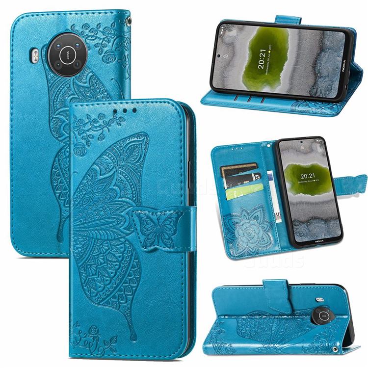 Embossing Mandala Flower Butterfly Leather Wallet Case for Nokia X10 - Blue