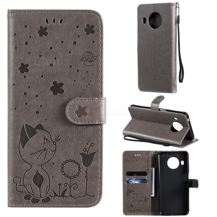 Embossing Bee and Cat Leather Wallet Case for Nokia X10 - Gray