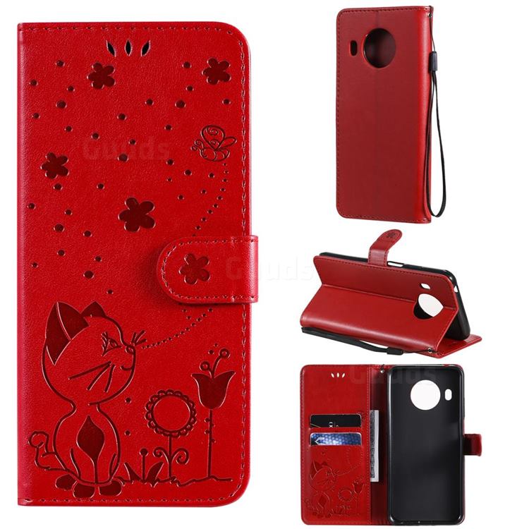 Embossing Bee and Cat Leather Wallet Case for Nokia X10 - Red
