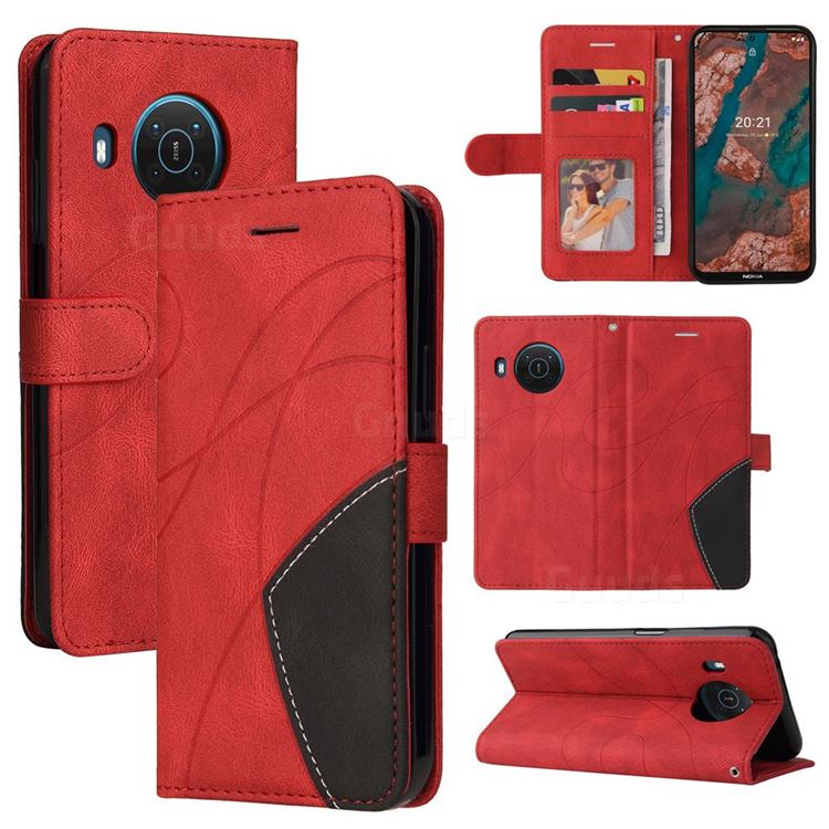Luxury Two-color Stitching Leather Wallet Case Cover for Nokia X10 - Red