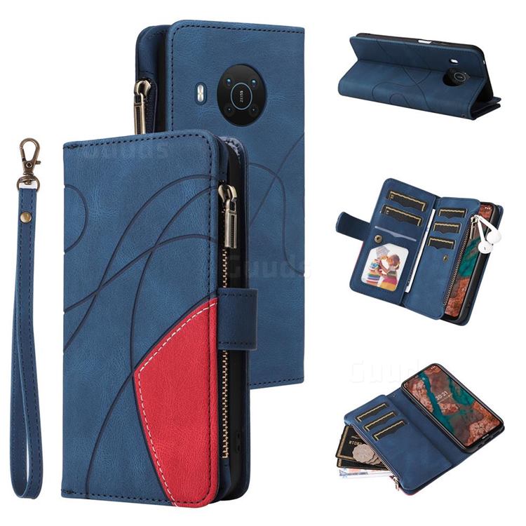 Luxury Two-color Stitching Multi-function Zipper Leather Wallet Case Cover for Nokia X10 - Blue