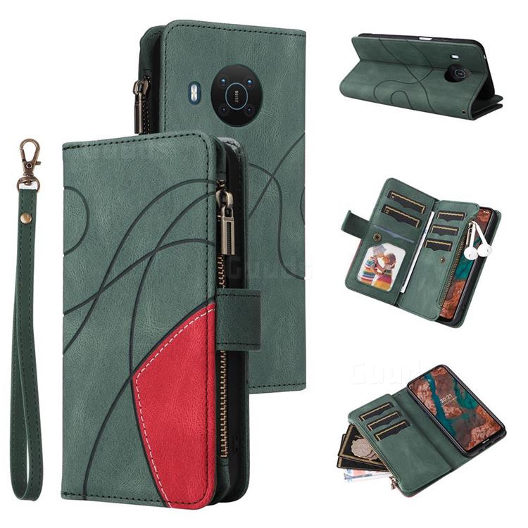 Luxury Two-color Stitching Multi-function Zipper Leather Wallet Case Cover for Nokia X10 - Green