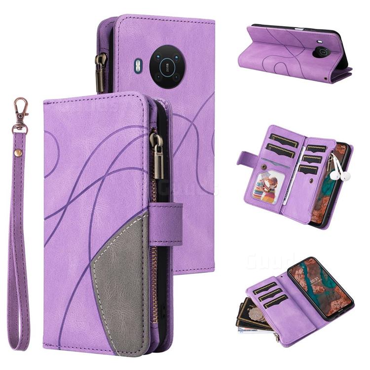 Luxury Two-color Stitching Multi-function Zipper Leather Wallet Case Cover for Nokia X10 - Purple