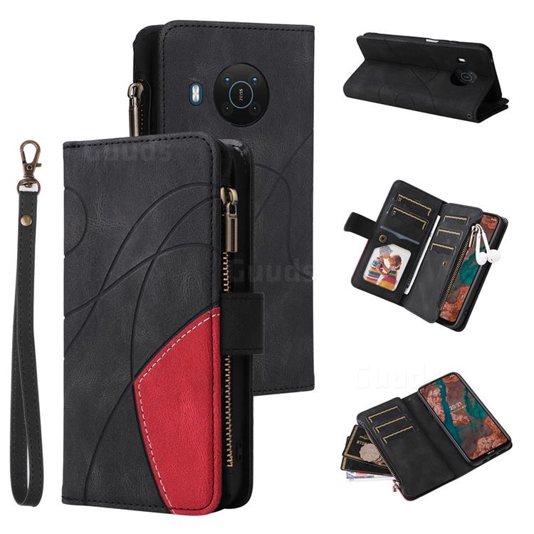 Luxury Two-color Stitching Multi-function Zipper Leather Wallet Case Cover for Nokia X10 - Black
