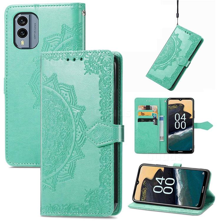 Embossing Imprint Mandala Flower Leather Wallet Case for Nokia X30 - Green