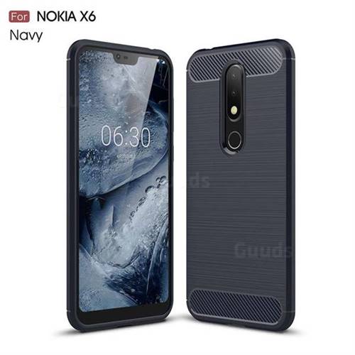 Luxury Carbon Fiber Brushed Wire Drawing Silicone TPU Back Cover for Nokia 6.1 Plus (Nokia X6) - Navy