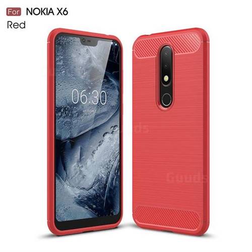 Luxury Carbon Fiber Brushed Wire Drawing Silicone TPU Back Cover for Nokia 6.1 Plus (Nokia X6) - Red