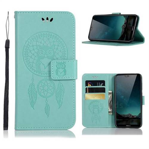 Intricate Embossing Owl Campanula Leather Wallet Case for Nokia 6.1 Plus (Nokia X6) - Green