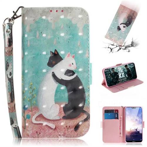 Black and White Cat 3D Painted Leather Wallet Phone Case for Nokia 6.1 Plus (Nokia X6)