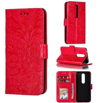 Intricate Embossing Lace Jasmine Flower Leather Wallet Case for Nokia 6.1 Plus (Nokia X6) - Red