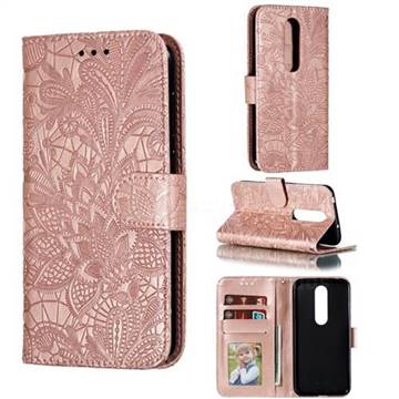 Intricate Embossing Lace Jasmine Flower Leather Wallet Case for Nokia 6.1 Plus (Nokia X6) - Rose Gold
