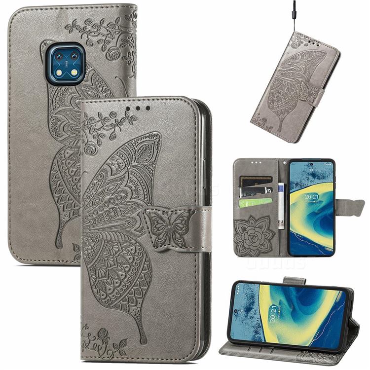 Embossing Mandala Flower Butterfly Leather Wallet Case for Nokia XR20 - Gray