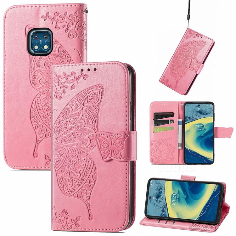 Embossing Mandala Flower Butterfly Leather Wallet Case for Nokia XR20 - Pink