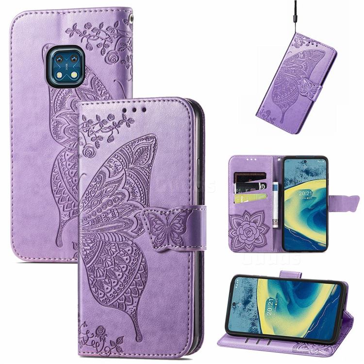 Embossing Mandala Flower Butterfly Leather Wallet Case for Nokia XR20 - Light Purple