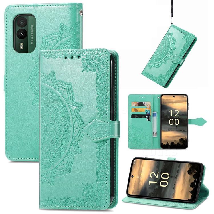 Embossing Imprint Mandala Flower Leather Wallet Case for Nokia XR21 - Green
