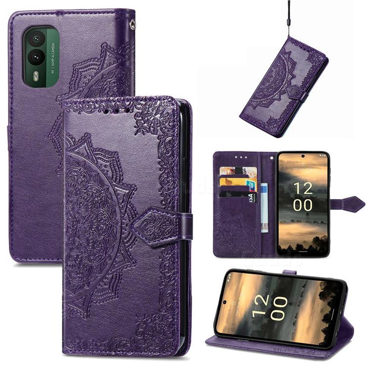 Embossing Imprint Mandala Flower Leather Wallet Case for Nokia XR21 - Purple