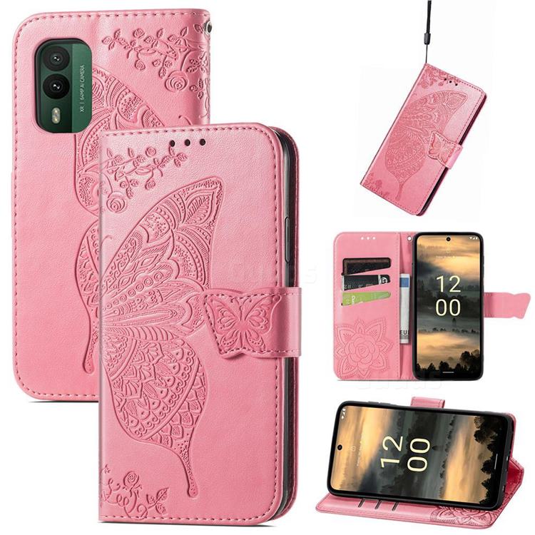 Embossing Mandala Flower Butterfly Leather Wallet Case for Nokia XR21 - Pink
