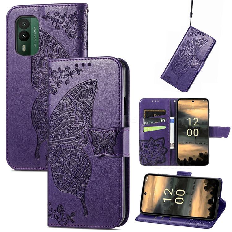 Embossing Mandala Flower Butterfly Leather Wallet Case for Nokia XR21 - Dark Purple