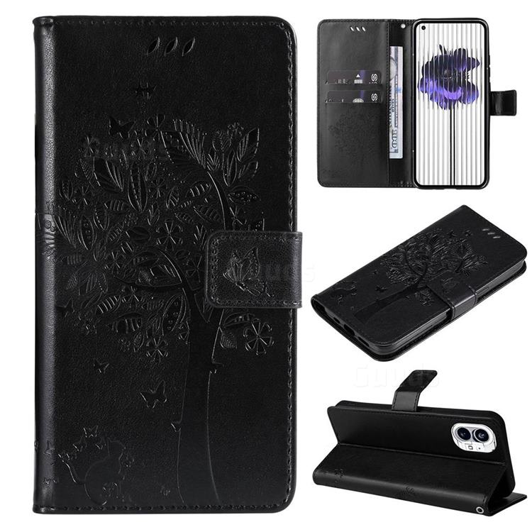 Embossing Butterfly Tree Leather Wallet Case for Nothing Phone 1 - Black