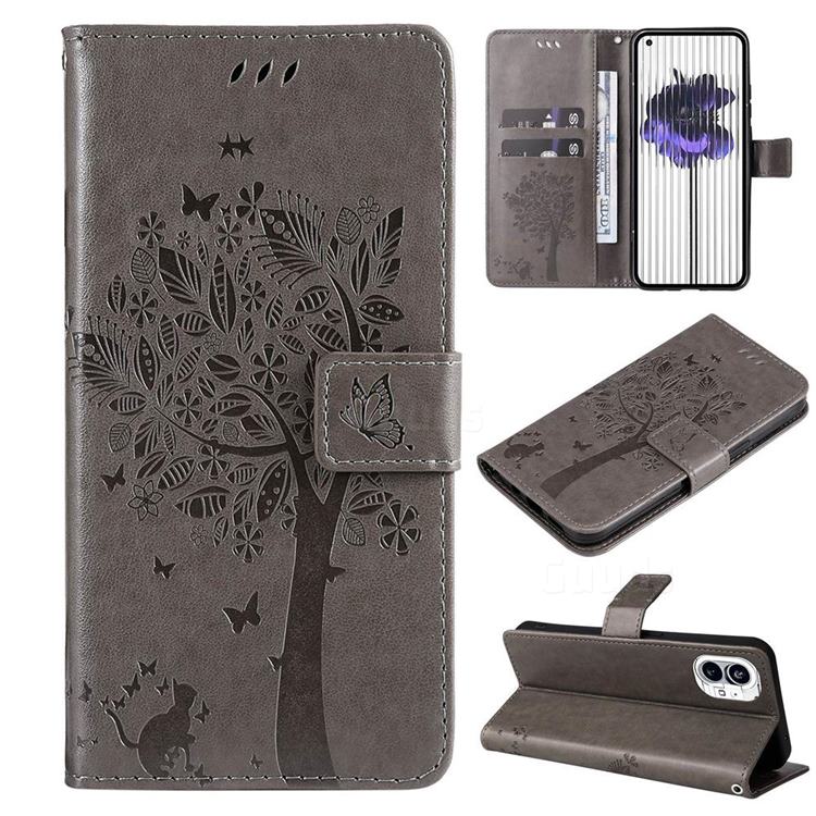 Embossing Butterfly Tree Leather Wallet Case for Nothing Phone 1 - Grey