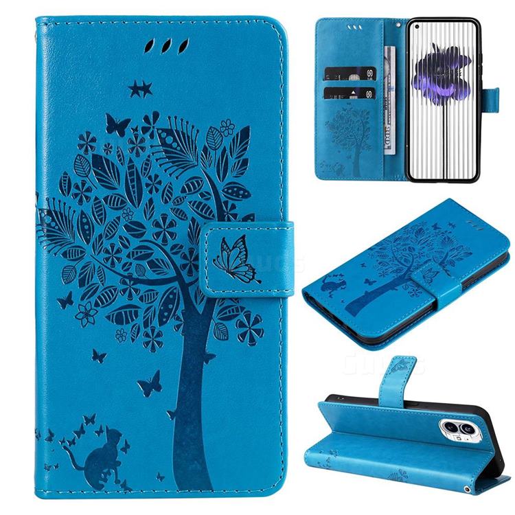 Embossing Butterfly Tree Leather Wallet Case for Nothing Phone 1 - Blue