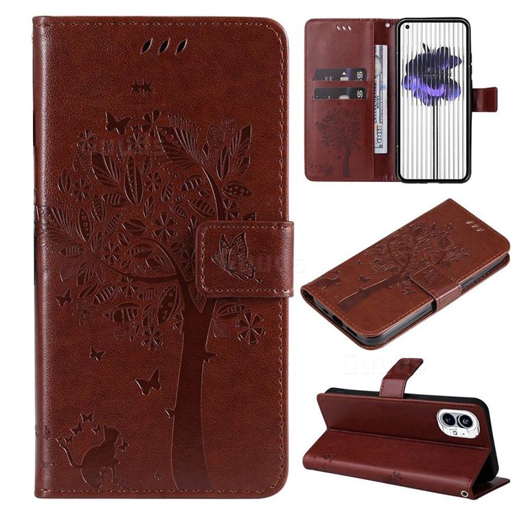 Embossing Butterfly Tree Leather Wallet Case for Nothing Phone 1 - Coffee
