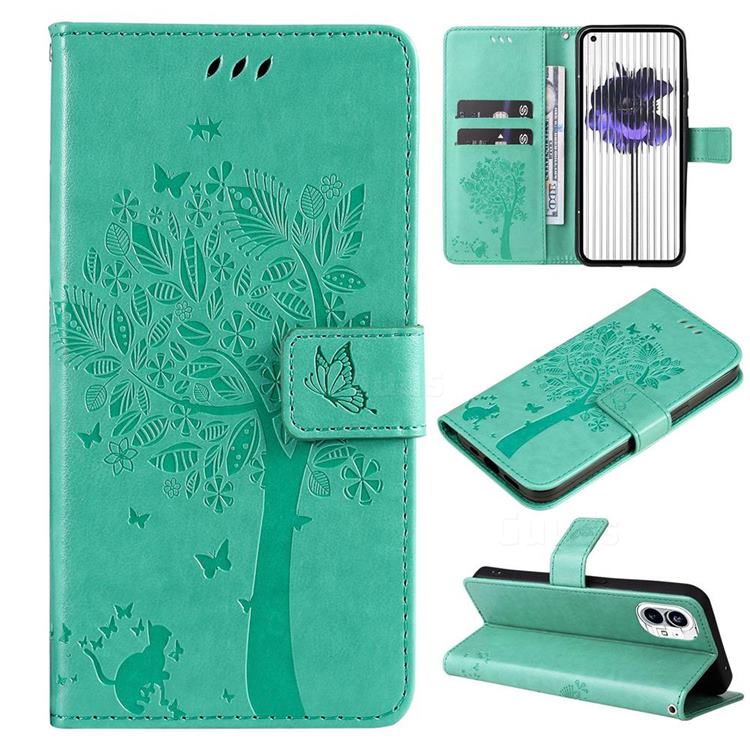 Embossing Butterfly Tree Leather Wallet Case for Nothing Phone 1 - Cyan