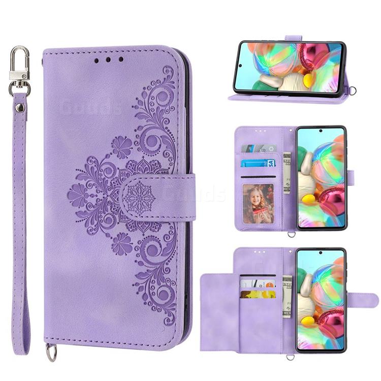 Skin Feel Embossed Lace Flower Multiple Card Slots Leather Wallet Phone Case for Nothing Phone 1 - Purple